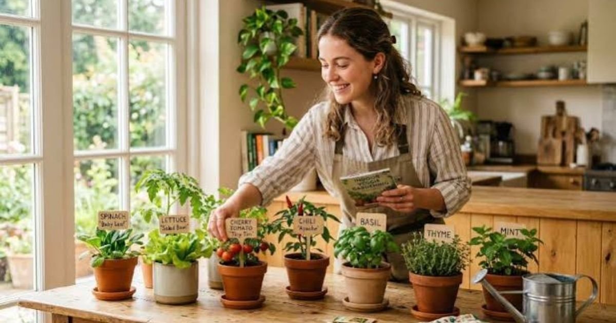  A beautiful backyard greenhouse interior with rows of fresh green vegetable seedlings, blooming potted flowers, and lush tropical indoor plants on wooden benches.