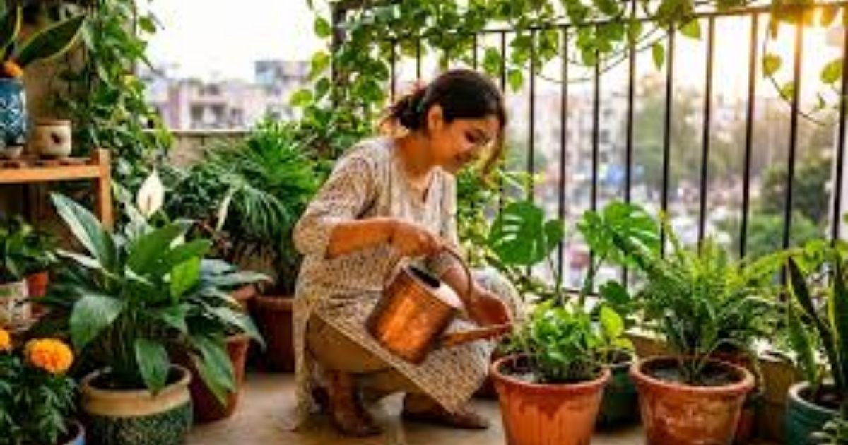 A person gently pouring water from a classic green metal watering can onto the base of a thriving potted indoor plant.
